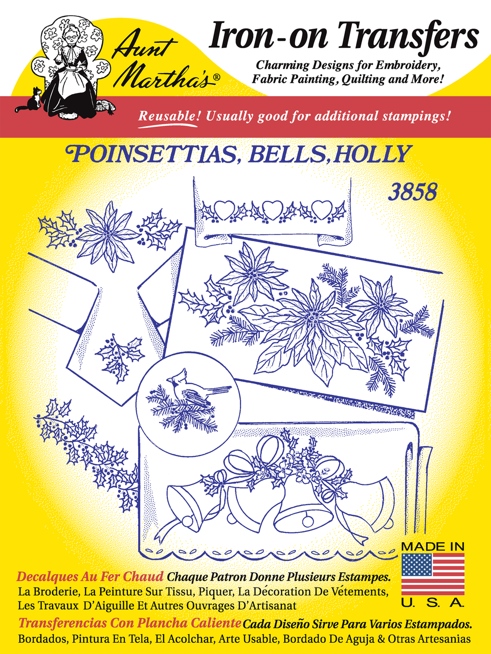 Aunt Martha’s | Embroidery Transfer Pattern | #3858 | Poinsettias, Bells & Holly