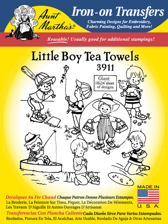Aunt Martha’s | Embroidery Transfer Pattern | #3911 | Little Boy Tea Towels