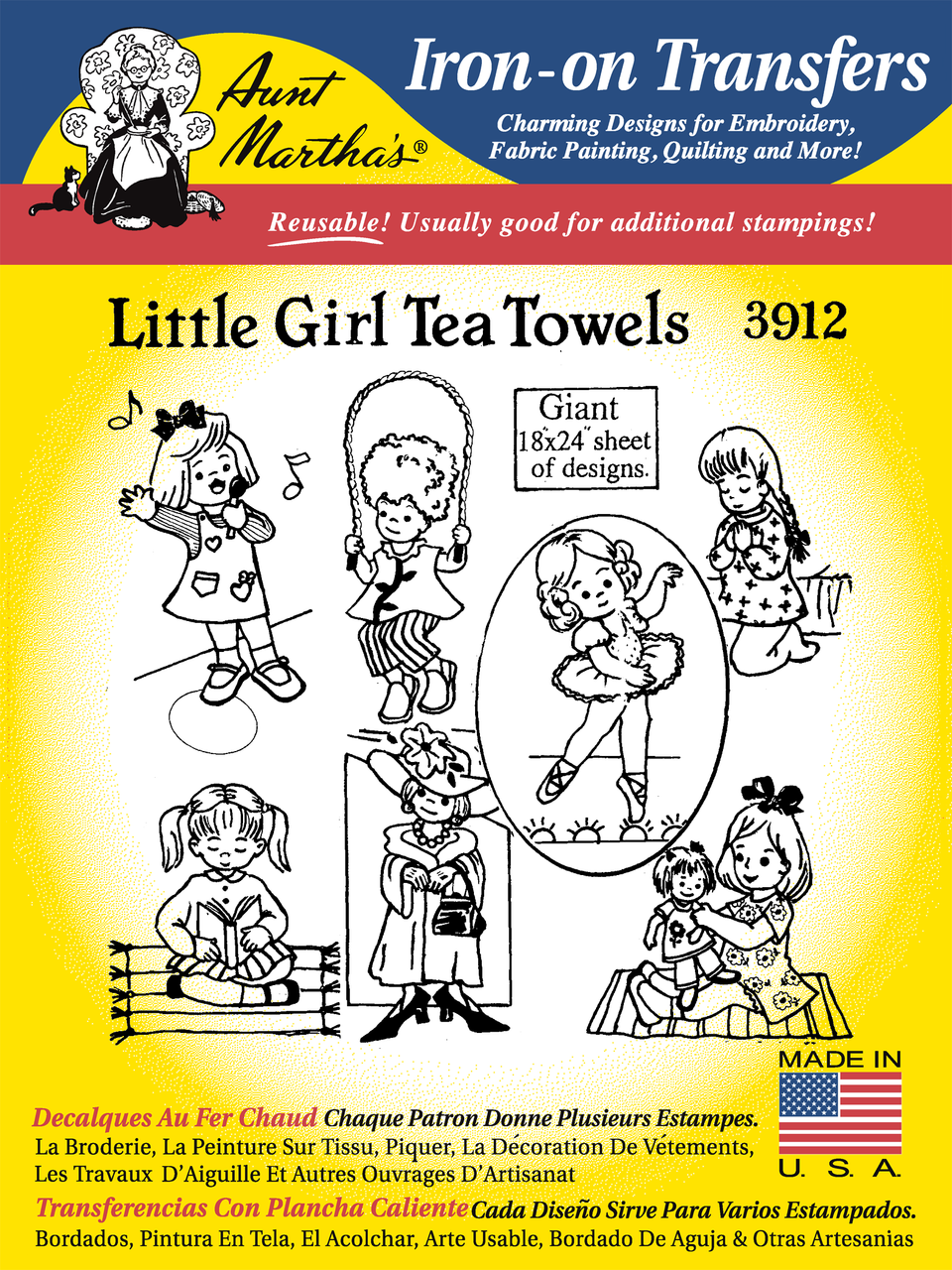 Aunt Martha’s | Embroidery Transfer Pattern | #3912 | Little Girl Tea Towels