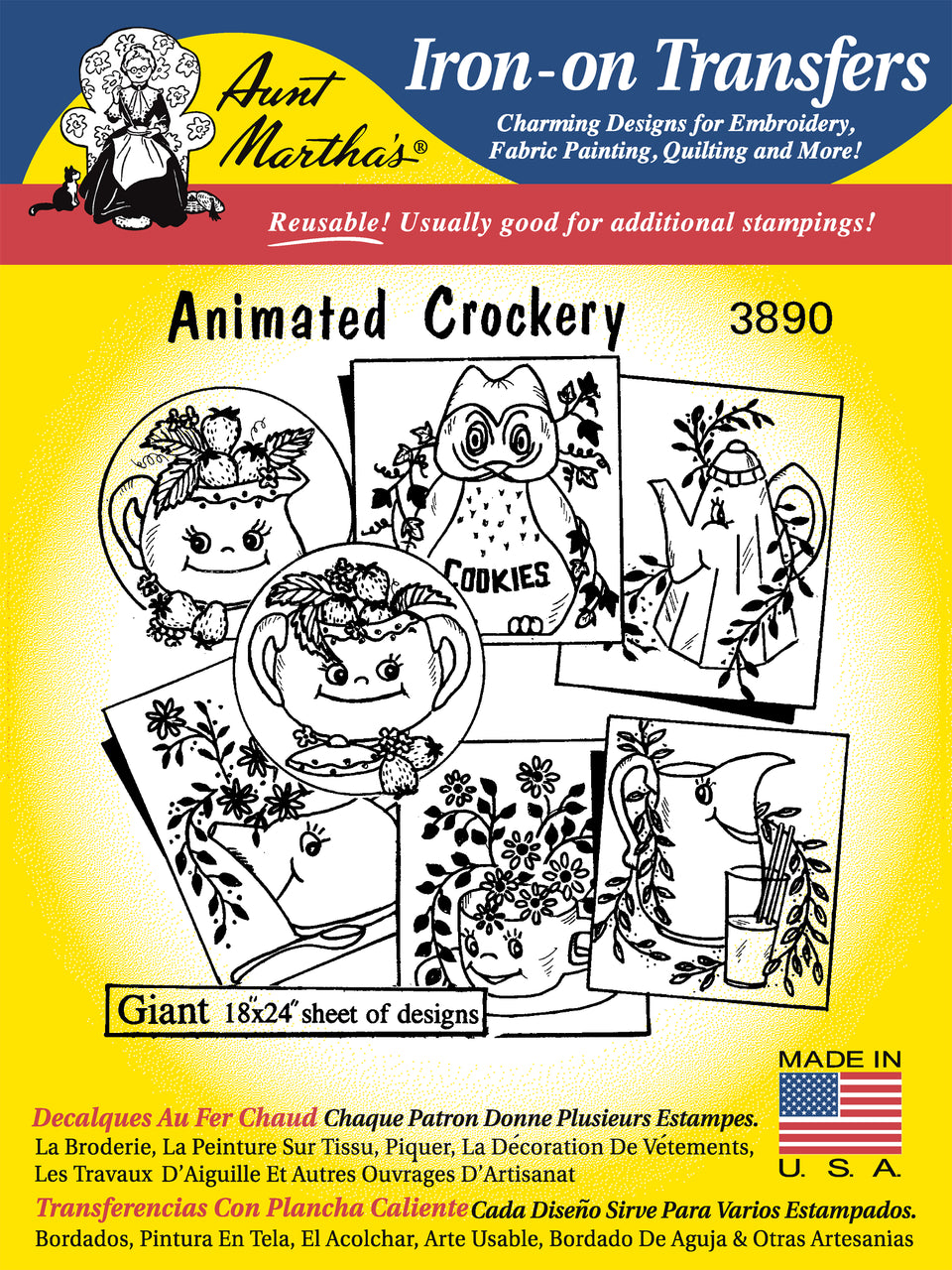 Aunt Martha’s | Embroidery Transfer Pattern | #3890 Animated Crockery
