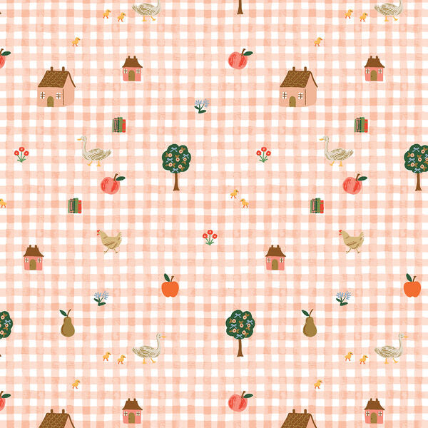 Farmhouse Gingham Pink Home Sweet Home fabric by Rifle Paper Co.