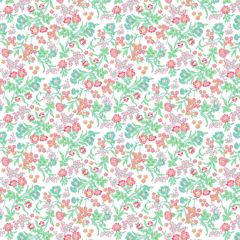 Quilting in Bloom - Tossed Floral White Multi Fabric by Lorelai Kuecker for Northcott