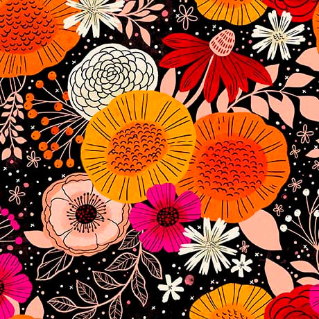 QT Fabrics | Blooms of Joy | Contemporary Floral | Black | Cynthia Frenette