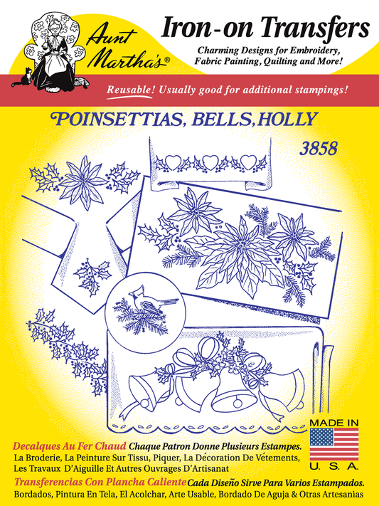 Aunt Martha’s | Embroidery Transfer Pattern | #3858 | Poinsettias, Bells & Holly