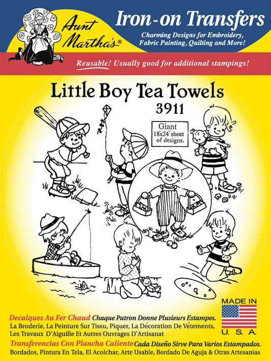 Aunt Martha’s | Embroidery Transfer Pattern | #3911 | Little Boy Tea Towels