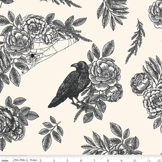 Sophisticated Halloween |  Floral Raven Cream | 3-Yard Package | Wide Back