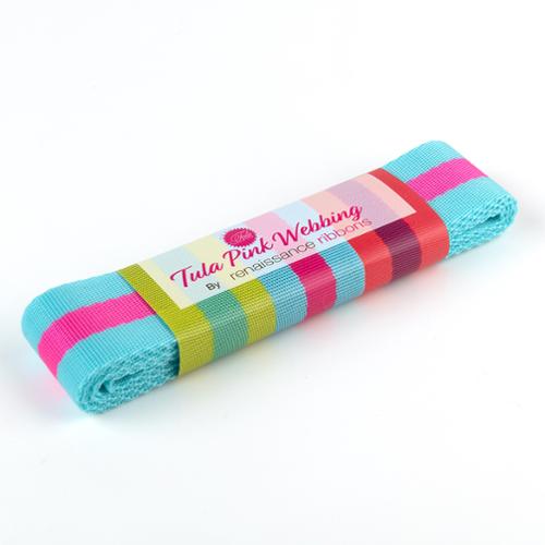 Webbing | Tula Pink | 1 1/2" X 2 yards | Striped Nylon | Aqua/Hot Pink