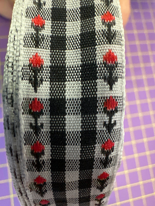 Ribbon | Black Gingham Check - Red Roses | 1" | Sold by the Yard