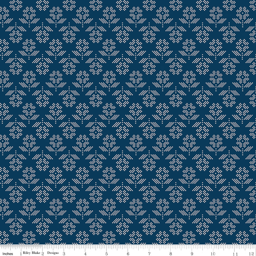Riley Blake Designs | Denim & Daisy | Flowers Oxford Blue | C18131-OXFORDBLUE | Lori Holt