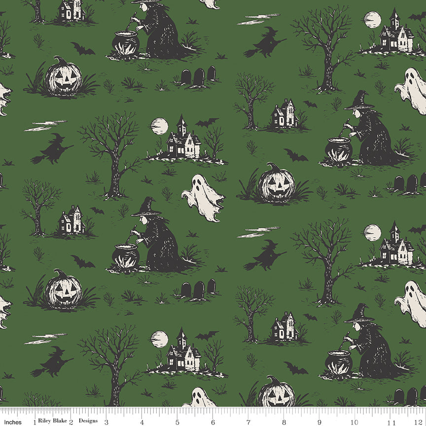 Riley Blake Designs | Cobweb Cottage | Halloween Toile Pickle | Green | C19080-PICKLE