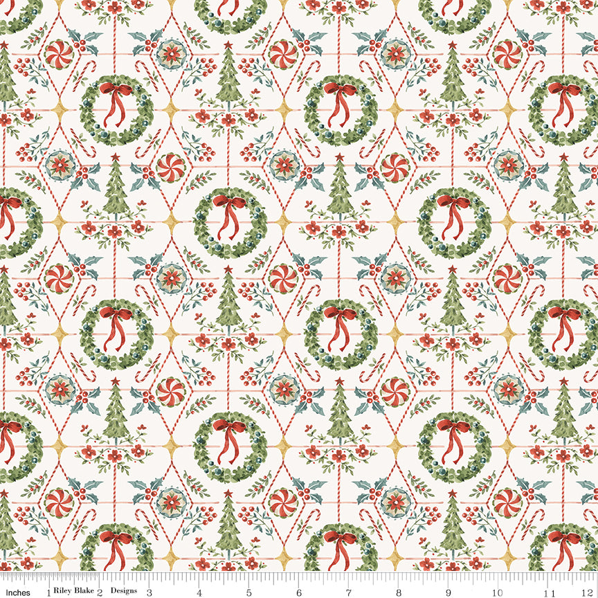 Riley Blake Designs | Santa's Fair | Wreaths and Trees Cloud | Off White | CD19202-CLOUD