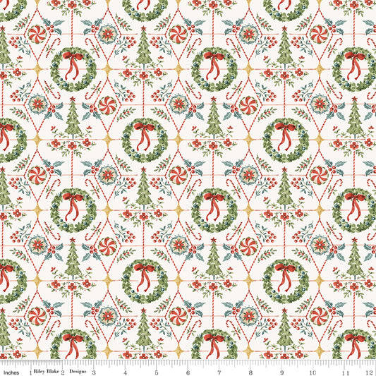 Riley Blake Designs | Santa's Fair | Wreaths and Trees Cloud | Off White | CD19202-CLOUD