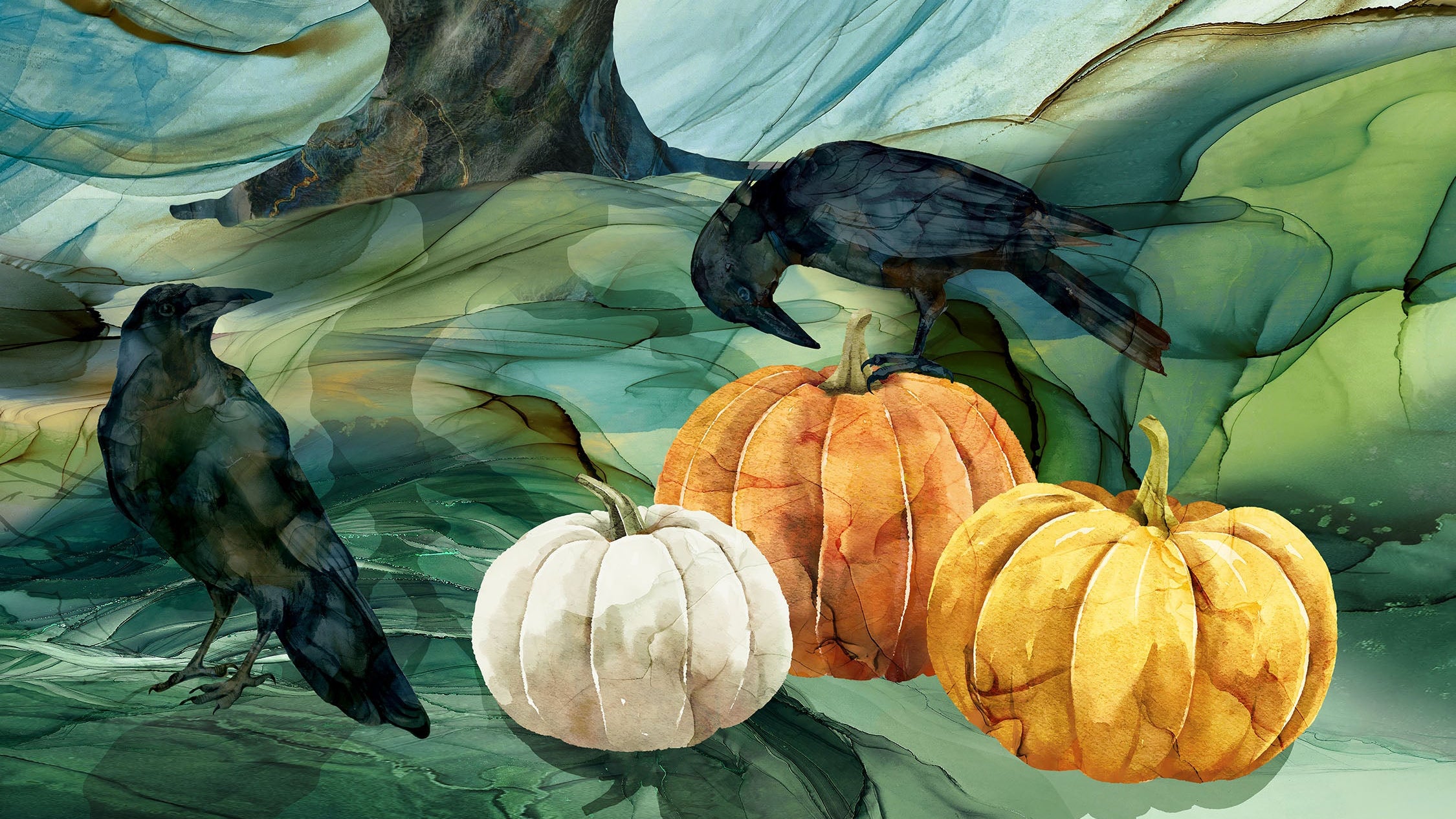 RAVEN'S CLAW Halloween-themed scene with crows, pumpkins, and a full moon.