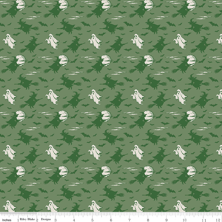 Riley Blake Designs | Cobweb Cottage | Halloween Skies Light Pickle Glow in the Dark | Green | GC19084-LTPICKLE