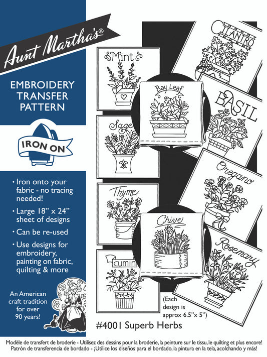 Aunt Martha’s | Embroidery Transfer Pattern | #4001 Superb Herbs