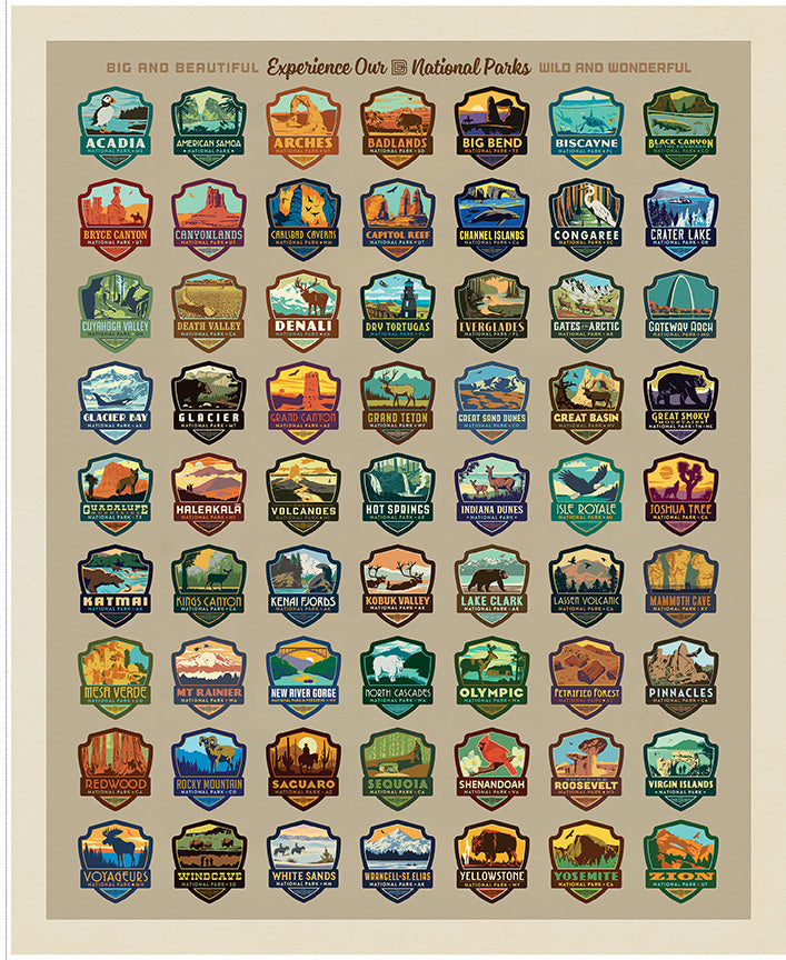 Riley Blake Designs | National Parks | National Parks 35 1/2" x 43 1/2" 63 Emblems Panel | PD19159-PANEL