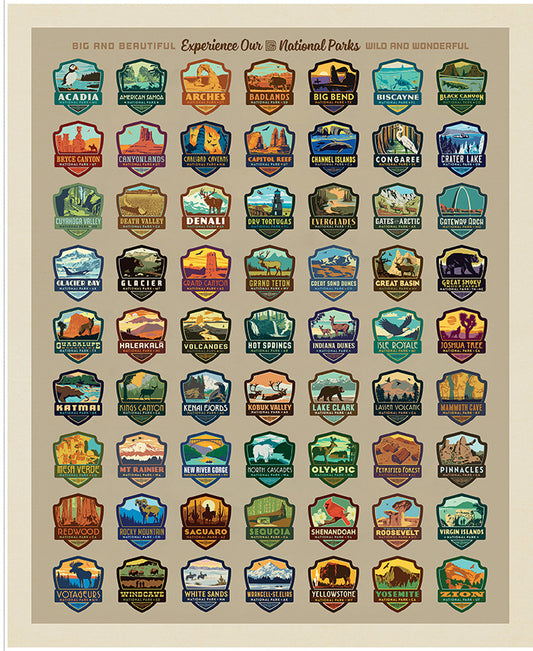 Riley Blake Designs | National Parks | National Parks 35 1/2" x 43 1/2" 63 Emblems Panel | PD19159-PANEL