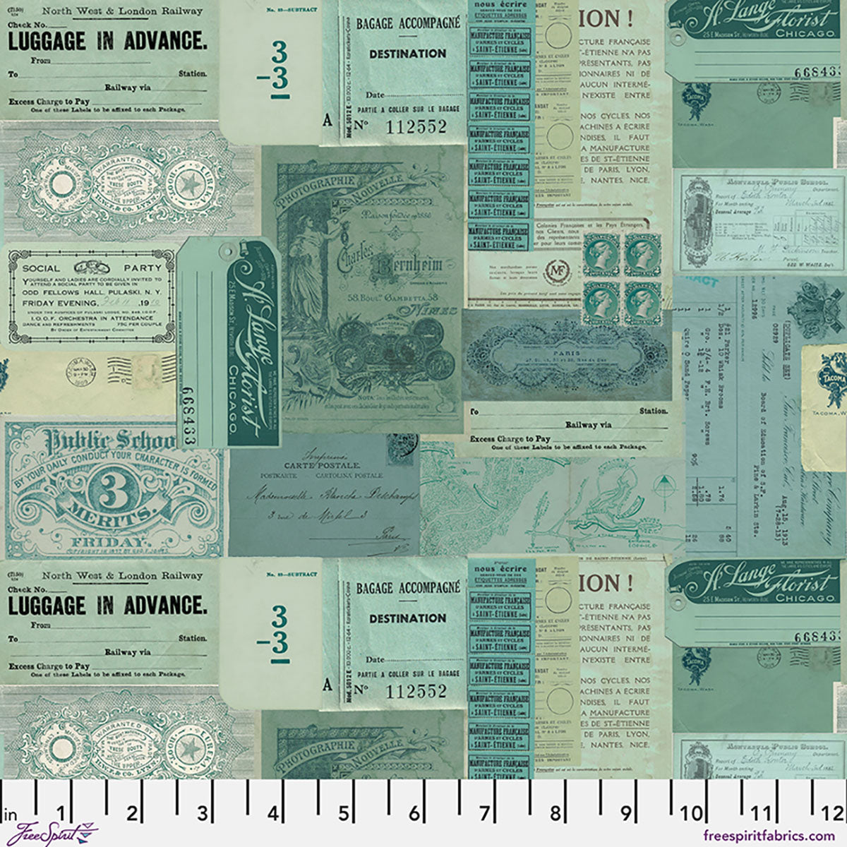 Teal Ephemera fabric in Teal by Tim Holtz for FreeSpirit