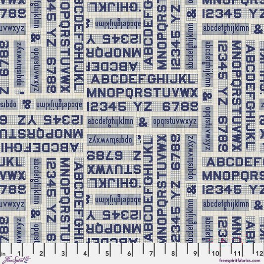 Indigo Typography fabric in Indigo by Tim Holtz for FreeSpirit