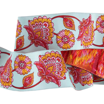 Ribbon | Paisley Floral Pastel Strawberry on Aqua | Tula Pink