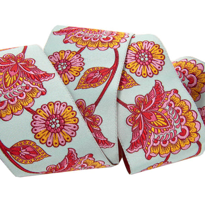 Ribbon | Paisley Floral Pastel Strawberry on Aqua | Tula Pink