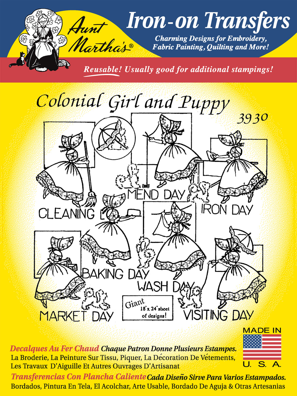 Aunt Martha’s | Embroidery Transfer Pattern | #3930 Colonial Girl and Puppy