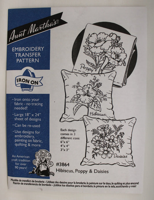 Aunt Martha’s | Embroidery Transfer Pattern | #3864 Hibiscus, Poppy, & Daisies