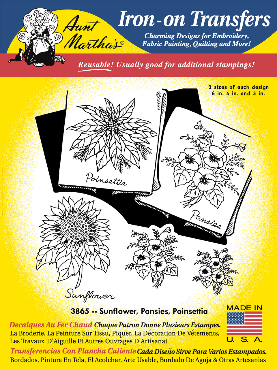 Aunt Martha’s | Embroidery Transfer Pattern | #3865 Sunflower, Pansies, and Poinsettia
