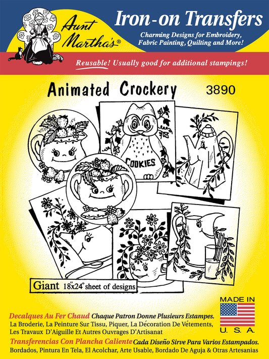 Aunt Martha’s | Embroidery Transfer Pattern | #3890 Animated Crockery