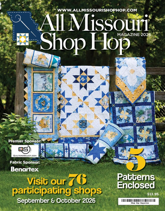 Cover of 2026 All Missouri Shop Hop magazine featuring quilts and promotional text.
