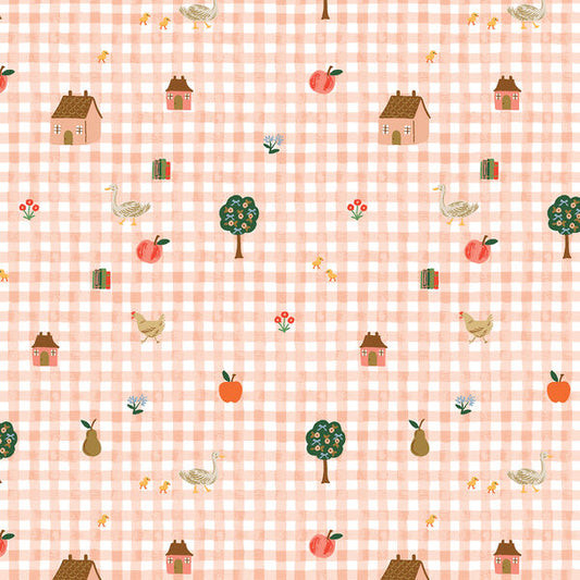 Farmhouse Gingham Pink Home Sweet Home fabric by Rifle Paper Co.