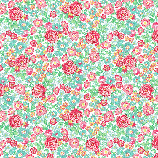 Quilting in Bloom - Large Packed Floral White Multi Fabric by Lorelai Kuecker for Northcott