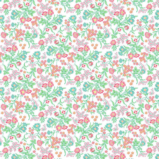 Quilting in Bloom - Tossed Floral White Multi Fabric by Lorelai Kuecker for Northcott