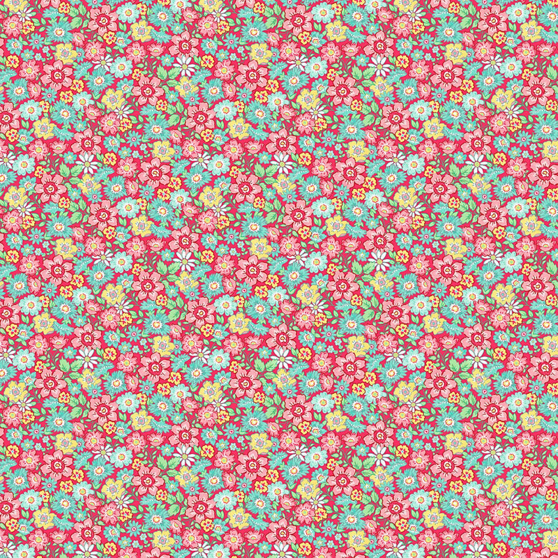 Quilting in Bloom - Small Packed Floral Red Multi Fabric by Lorelai Kuecker for Northcott