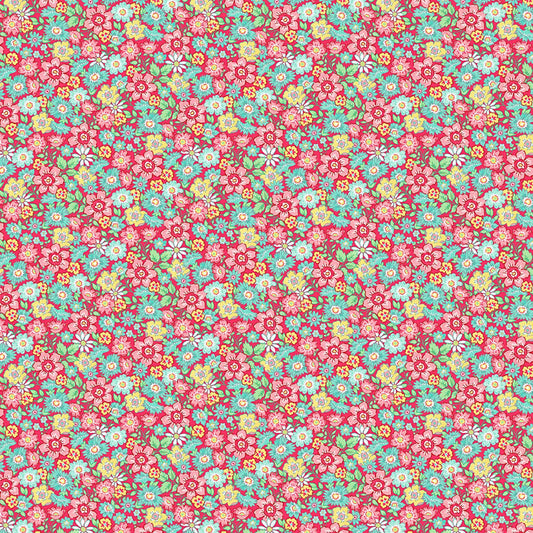 Quilting in Bloom - Small Packed Floral Red Multi Fabric by Lorelai Kuecker for Northcott