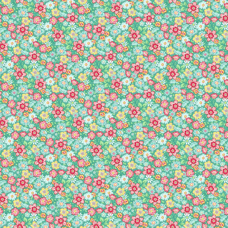 Quilting in Bloom - Small Packed Floral Turquoise Multi Fabric by Lorelai Kuecker for Northcott