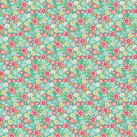 Quilting in Bloom - Small Packed Floral Turquoise Multi Fabric by Lorelai Kuecker for Northcott