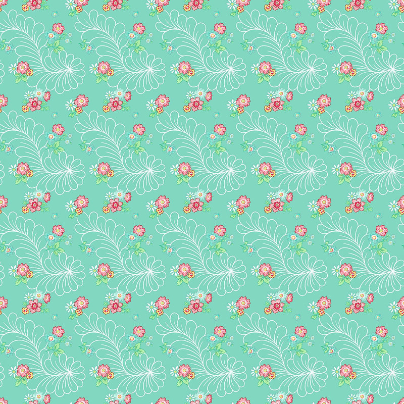 Quilting in Bloom - Feather Bouquet Turquoise Multi Fabric by Lorelai Kuecker for Northcott