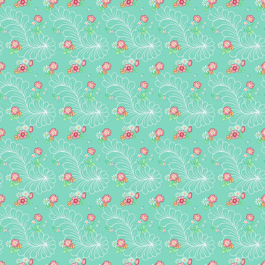 Quilting in Bloom - Feather Bouquet Turquoise Multi Fabric by Lorelai Kuecker for Northcott