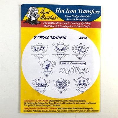 Aunt Martha’s | Embroidery Transfer Pattern | #3898 | Floral Teapots